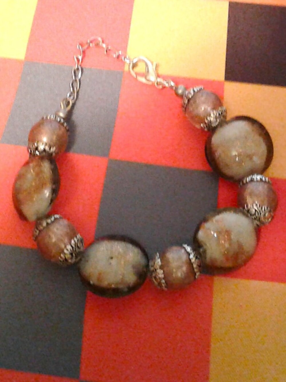 Grey/Gold Dichroic Glass Bead Silver Tone Metal Bracelet Fits up to a 9" Wrist